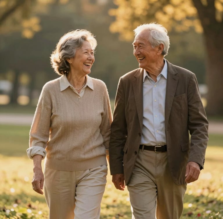A warm golden hour portrait of an active senior couple walking in a sunlit park, laughing, shallow depth of field, premium and dignified atmosphere.