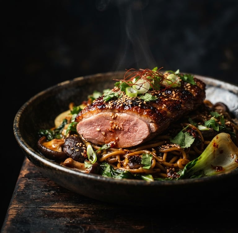 Close-up of a meticulously plated five-spice duck dish, dramatic side-lighting, dark background, steam rising, rich warm tones, macro lens, shallow depth of field.