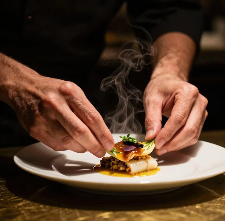 Close-up, dramatic side-lit shot of a chef's hands meticulously plating a fusion dish, steam gently rising, dark background, warm brass accents on the counter.