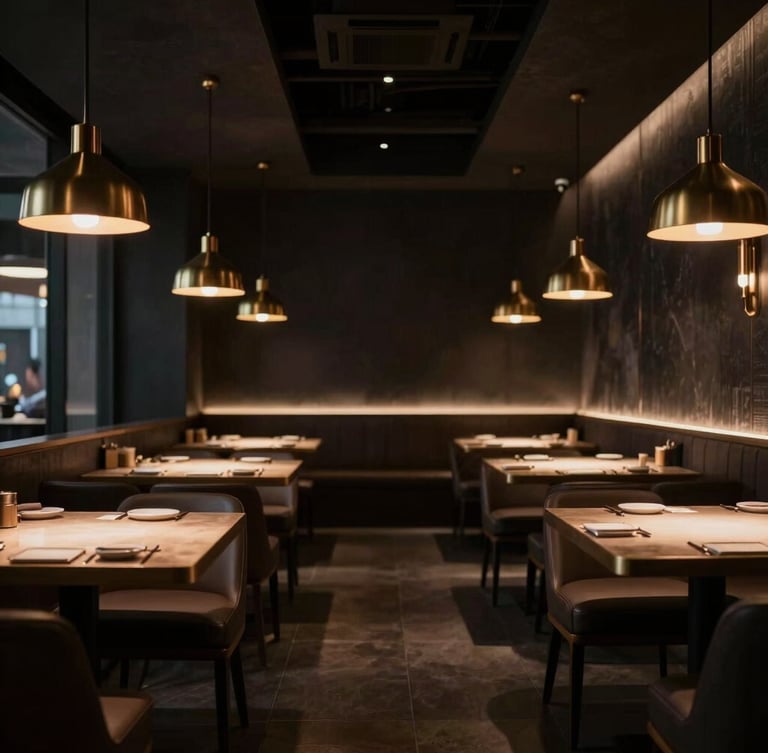 Wide shot of an empty, sleek, modern Asian fusion restaurant dining room, low hanging pendant lights casting warm glow, dark charcoal walls, brass accents, high-contrast, dramatic side-lighting, shallow depth of field