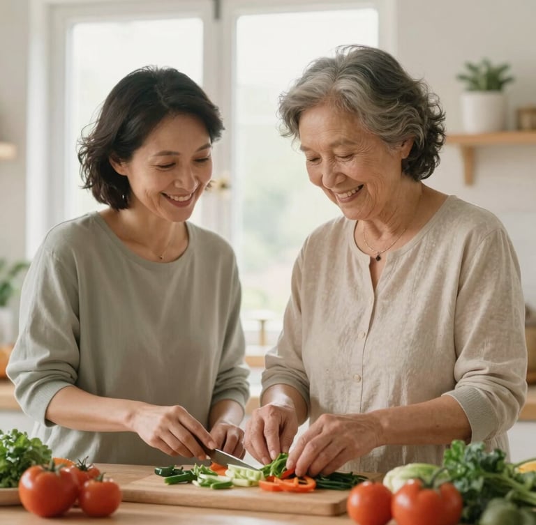 A senior woman and a female companion smiling together while prepping fresh vegetables in a bright, warm kitchen, soft morning light, cozy domestic setting