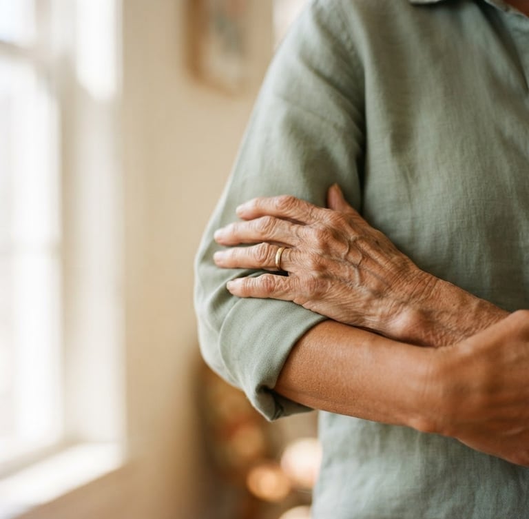 Intimate close-up of an elderly hand resting gently on a caregiver's arm, warm natural window light, soft sage and cream tones, shallow depth of field