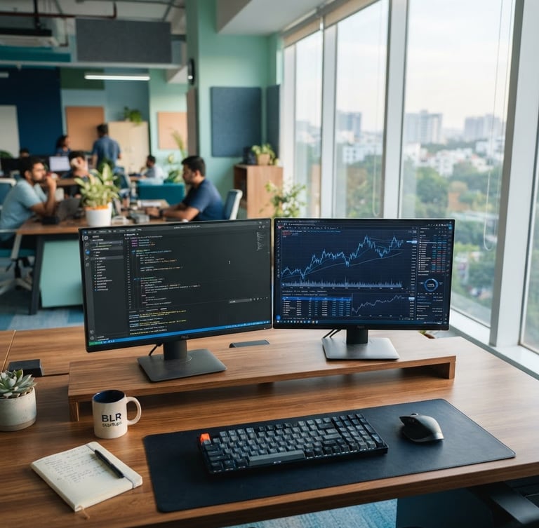 A sleek, modern Bangalore startup office during morning hours. On a wooden desk, a dual-monitor setup displays clean code and financial charts. Soft morning sunlight streams through large windows, creating a bright, professional atmosphere with cool blue and mint tones.
