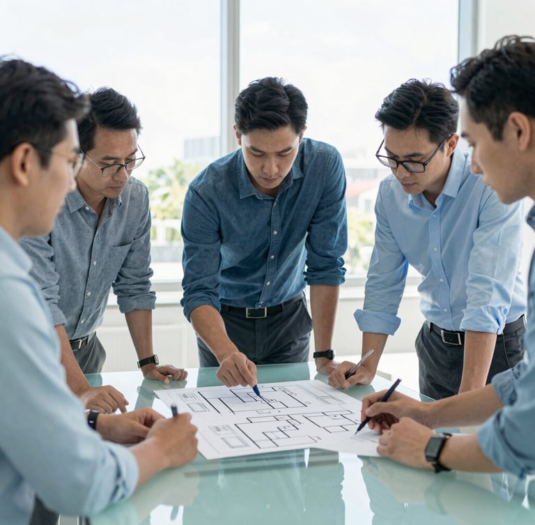 Modern editorial photography, bright natural office daylight, collaborative team huddle over system flowcharts on a glass table, cool corporate blue and mint tones, 35mm.