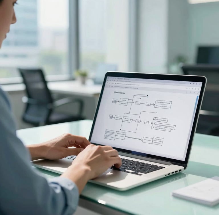 Medium-close shot of a professional reviewing system flowcharts on a sleek laptop in a sunlit Bangalore office, bright natural daylight, cool blue and mint green accents, shallow depth of field.