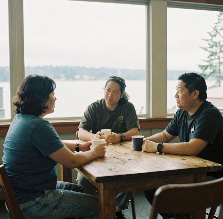 Warm documentary photography of three neighborhood leaders sitting around a rustic wooden table in a Seattle community center, natural soft overcast Pacific Northwest daylight, candid framing, 35mm film grain