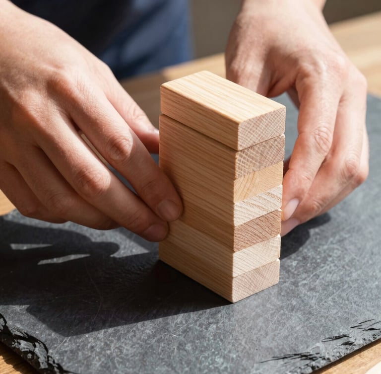 Candid close-up of hands stacking smooth, geometric wooden blocks on a dark slate table, casting sharp shadows in bright morning daylight, 35mm lens