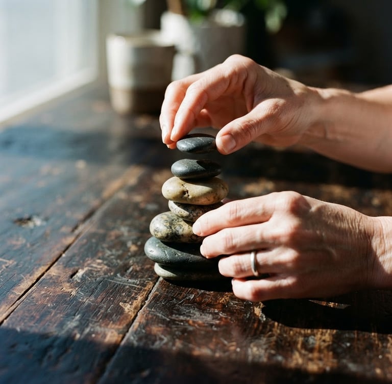 Candid close-up of adult hands stacking smooth river stones on a dark wooden table, crisp morning sunlight casting sharp geometric shadows, 35mm lens