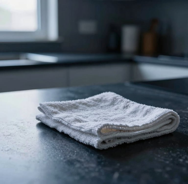 Neatly folded white cleaning cloth on a spotless countertop, representing professional cleaning stan