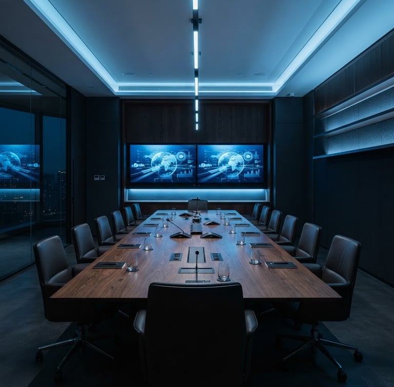 Sleek architectural photography of a high-end corporate boardroom with integrated dual LED screens, clean custom oak table, cool ambient blue lighting, sharp focus, 35mm
