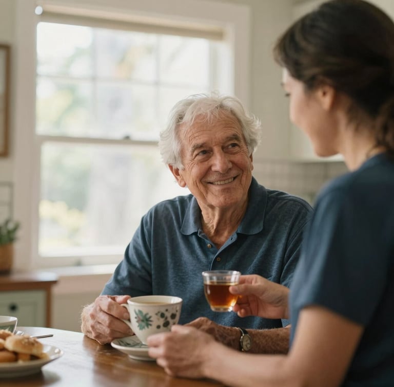 A warm environmental portrait of a smiling senior and a caregiver sharing tea in a sunlit Montverde kitchen, soft window light, shallow depth of field, 35mm