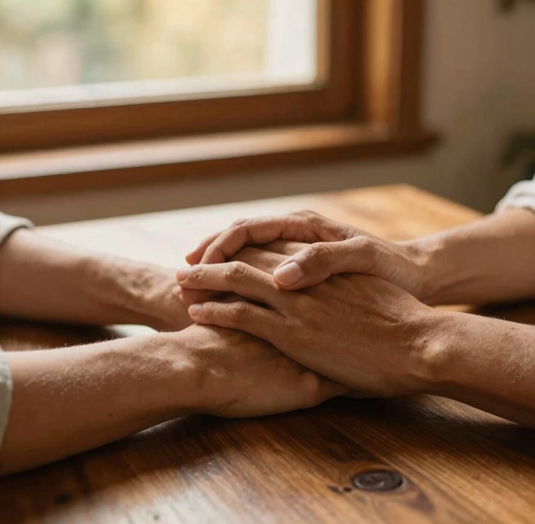 Close-up of two hands gently clasped together over a wooden table, warm golden-hour window light, soft focus, conveying safety and trust