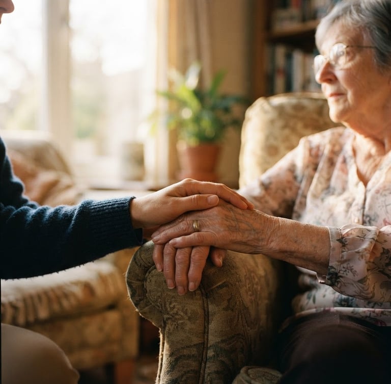 Warm editorial portrait of a caregiver's hand gently holding an older adult's hand in a sunlit room, soft golden window light, shallow depth of field, 35mm