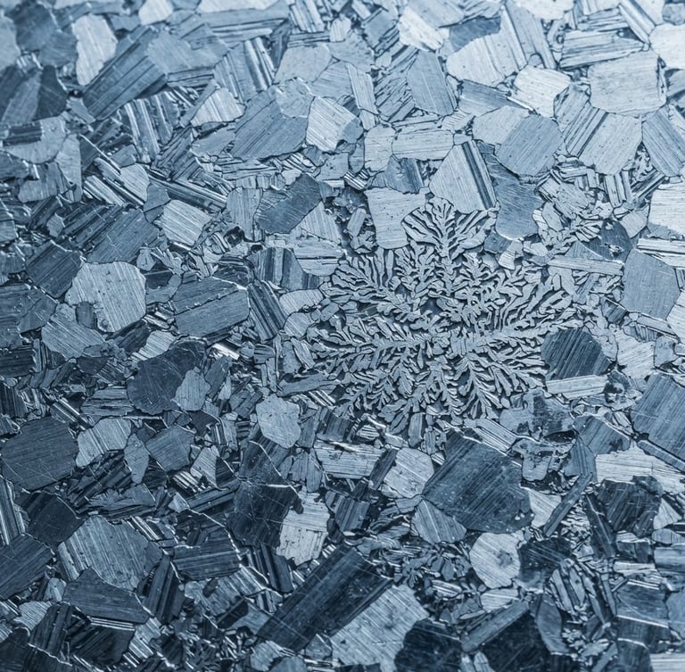 Extreme macro shot of a polished metal surface showing intricate grain structure under sharp, cool industrial laboratory lighting, 35mm lens.