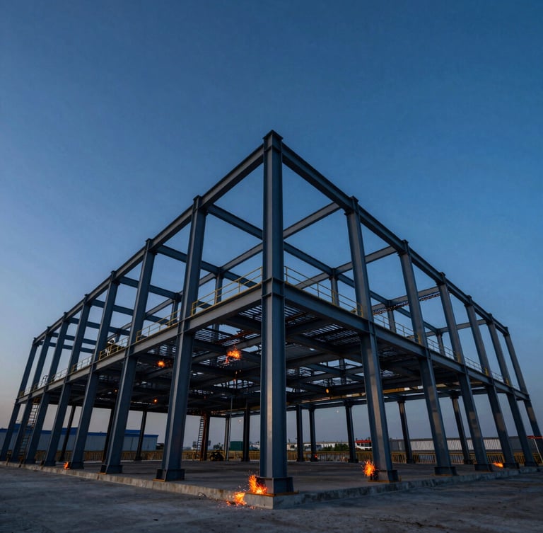 Low-angle dramatic photograph of a massive steel industrial warehouse frame under construction, deep blue sky, morning light highlighting clean structural joints.