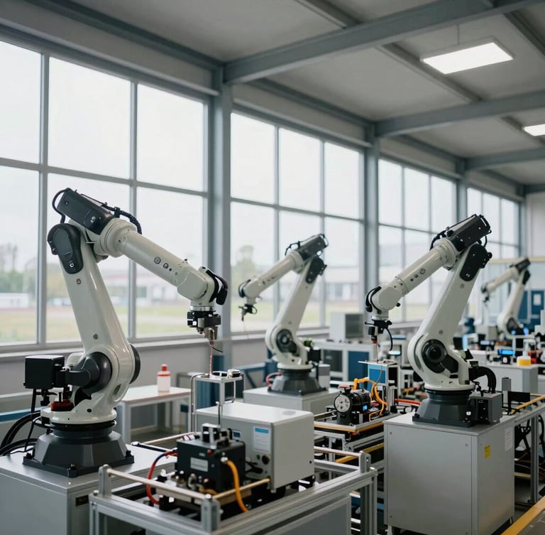 A wide environmental shot of a clean, modern industrial manufacturing facility in Germany, precise robotic arms and structured assembly line under natural overcast window light