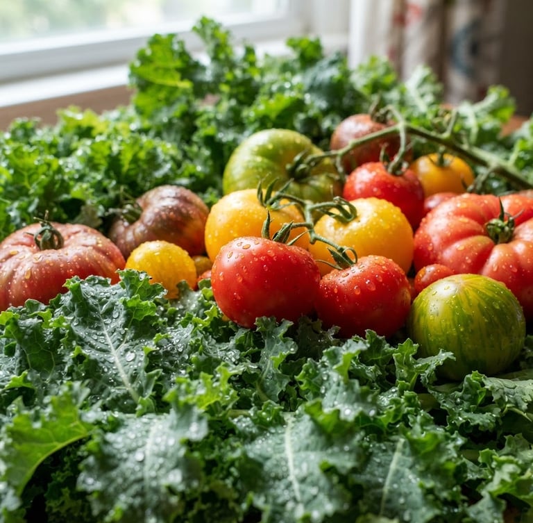 Macro close-up of dew-kissed crisp organic kale leaves and vibrant heirloom tomatoes, bright natural window light, high contrast, rich saturated green and red tones