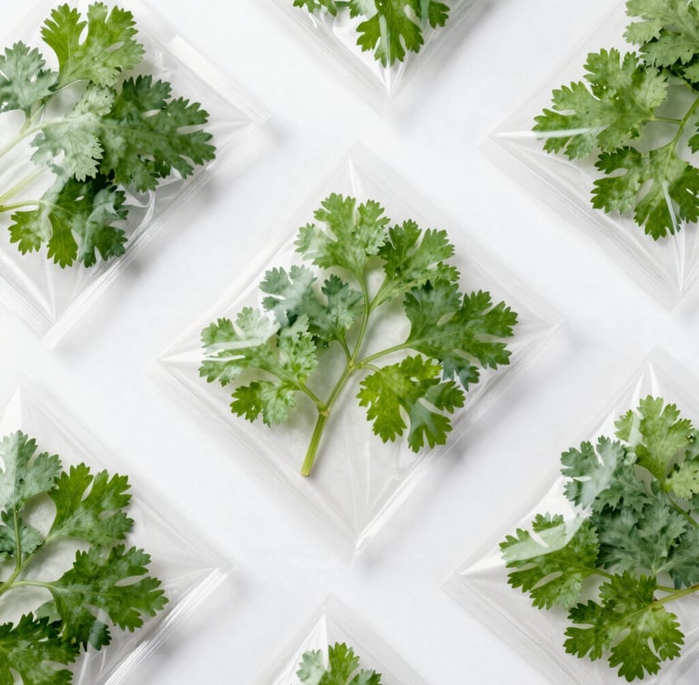 Overhead flat-lay of hygienically packaged live-root coriander in food-grade wrapping, bright clinical studio lighting, crisp white background, 50mm lens