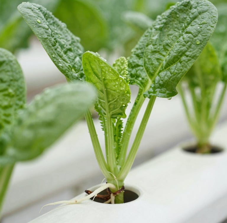 Macro photography of clean white hydroponic roots of fresh green spinach, bright clinical lighting, water droplets visible, white background