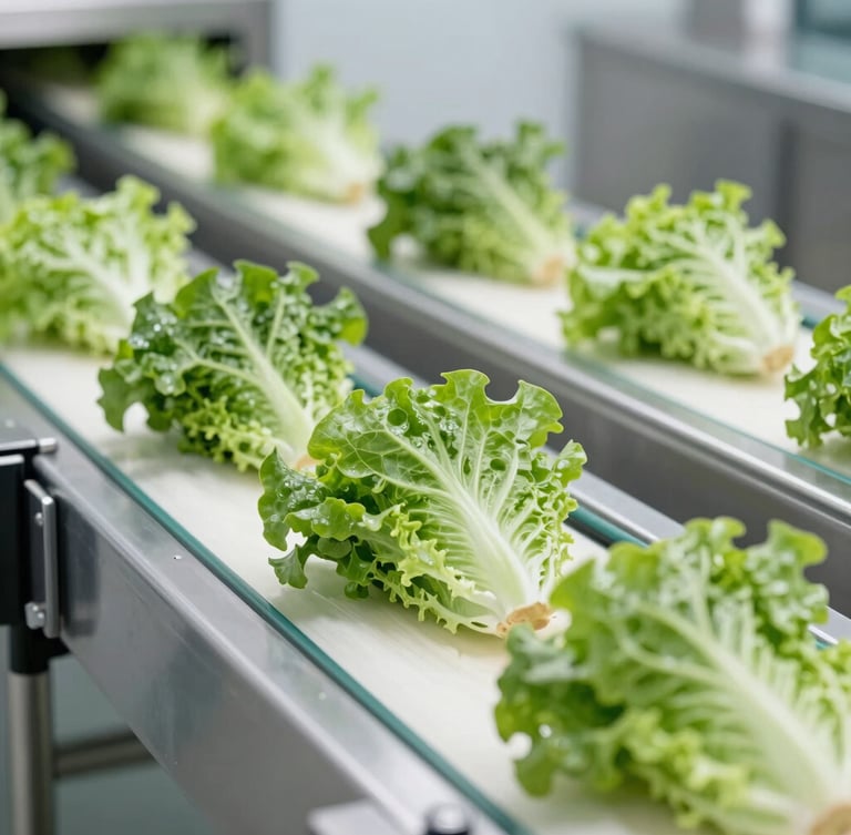 Hygienic food-grade packaging facility, automated conveyor belt with packaged leafy greens, pristine stainless steel surfaces, soft clinical lighting