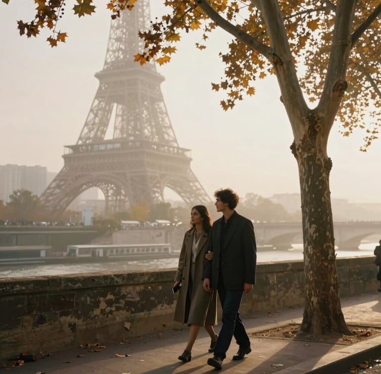 Cinematic portrait of a couple walking along the Seine in Paris, soft morning mist, golden hour light filtering through autumn trees, vintage film grain, warm tones.