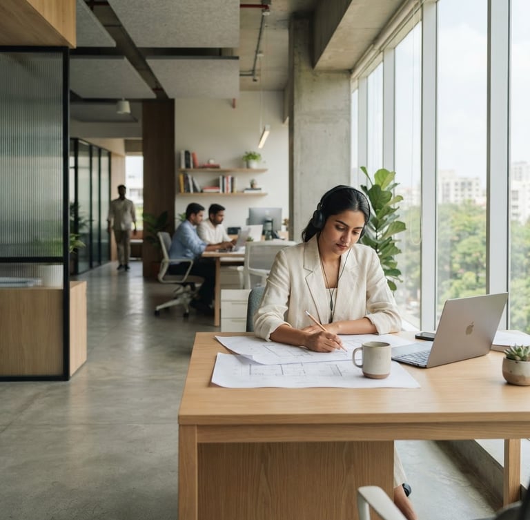 A bright, modern architectural office space in India with clean lines, soft natural daylight filtering through large windows, minimalist design, shallow depth of field, high-end editorial corporate photography.