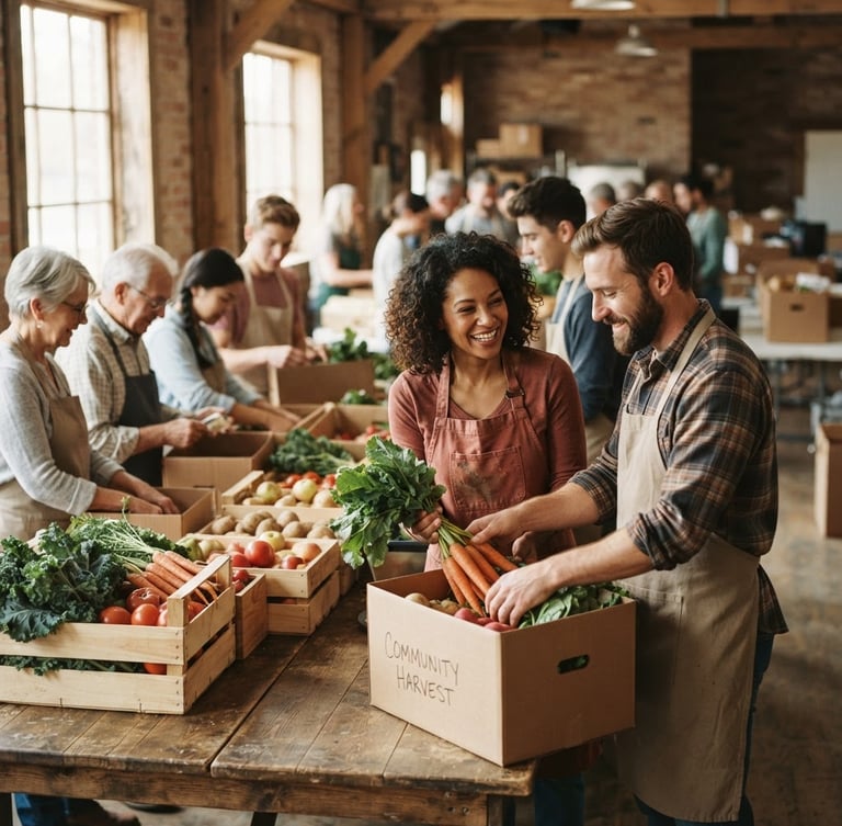 Warm editorial photography of community members packing fresh produce boxes together in a sun-drenched local hall, soft morning light, shallow depth of field, 35mm film look