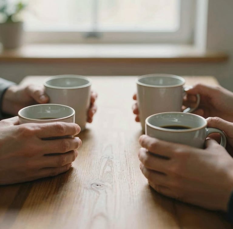 Warm candid close-up of hands holding ceramic coffee mugs around a wooden table, soft morning daylight streaming through a window, shallow depth of field