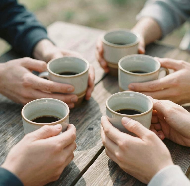 Candid close-up of hands holding warm ceramic coffee mugs around an outdoor wooden table, soft morning sunlight, natural earthy tones, 35mm film look