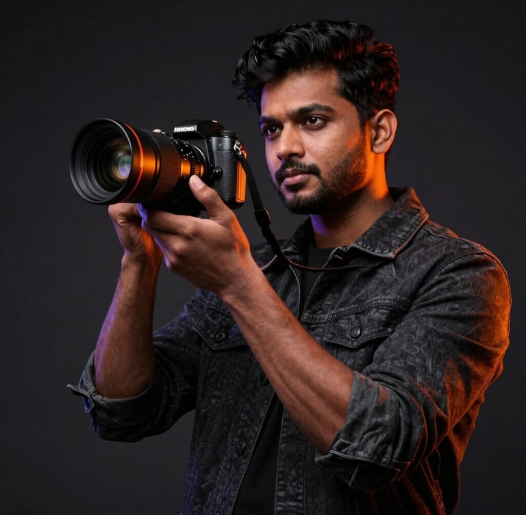 Low-angle heroic shot of a stylish Indian creator holding a camera with dynamic orange rim-lighting, dark studio background, sharp 35mm lens
