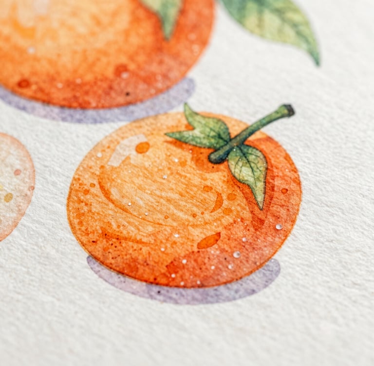 Macro close-up of the final watercolor and alcohol marker illustration, vibrant orange and soft pastel tones, rich paper tooth texture, sharp vector overlay details