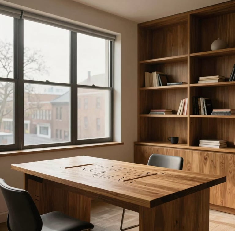 Quiet, unpeopled interior study of a modern Montrose townhome, warm wood shelving, soft morning light filtering through high windows, architectural floor plans resting on a desk.