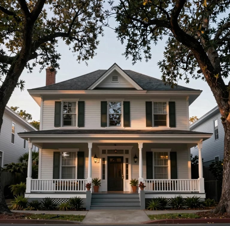Straight-on architectural elevation of a historic Heights bungalow with deep front porch shaded by mature live oak trees, soft morning light