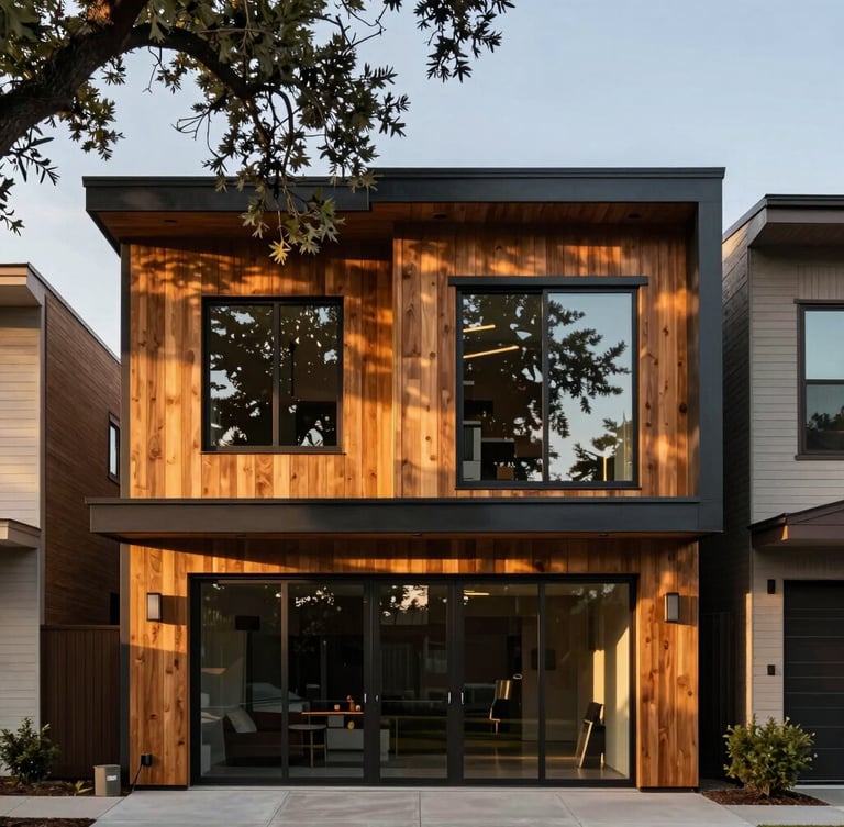 Straight-on architectural elevation of a modern Montrose townhome, warm cedar cladding paired with dark steel framing, soft late afternoon golden hour light reflecting off large glass panes, live oak branch framing the top left.