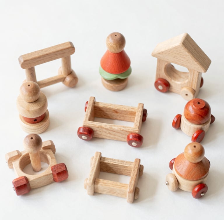 Overhead flatlay of beautifully arranged wooden toy sets showing natural wood grain and linen textures, soft natural daylight, clean minimalist background