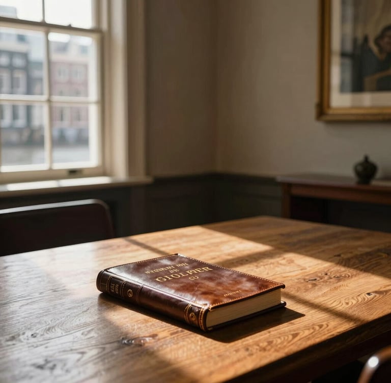 A high-ceilinged consultation room in a classic Amsterdam canal house, natural directional window light casting deep soft shadows on a heavy oak table with leather-bound Dutch civil codes.