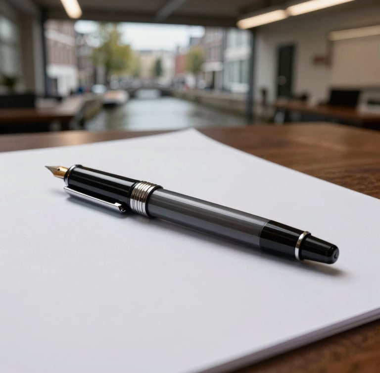 A heavy fountain pen resting on a pristine sheet of thick cotton paper inside a quiet, high-ceilinged office overlooking an Amsterdam canal.