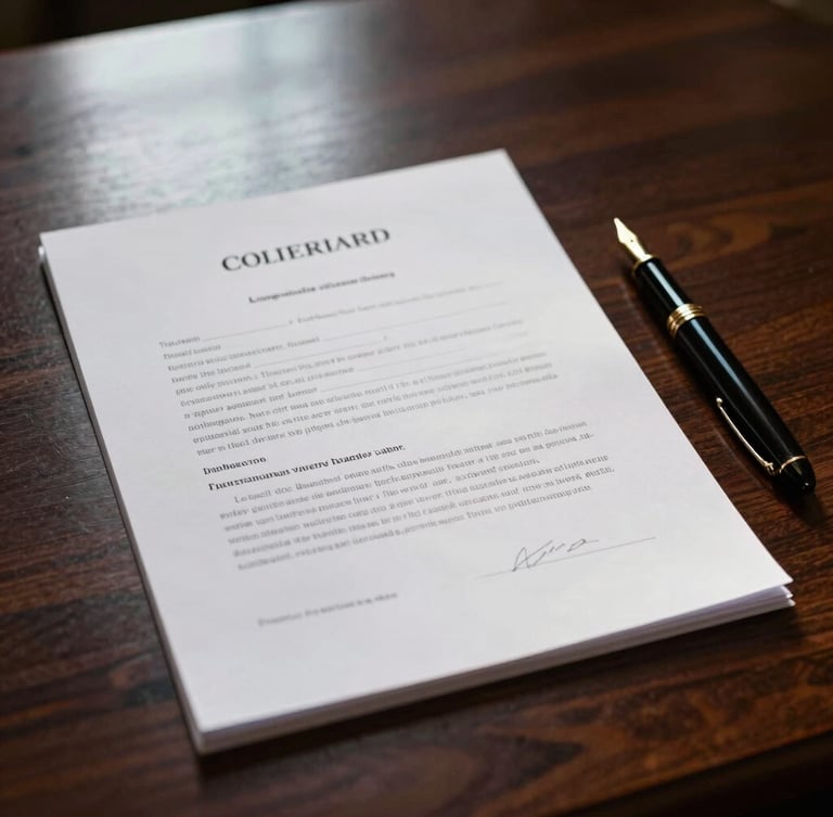 A vertical portrait-oriented close-up of a heavy cotton legal document resting on a dark mahogany desk, a classic fountain pen beside it, captured in soft, directional window light with deep shadows.