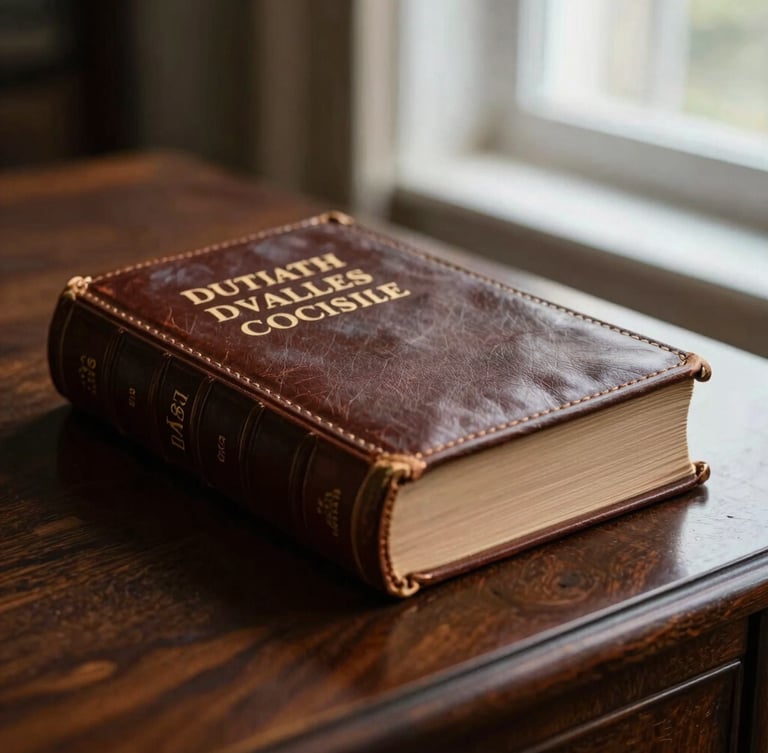 Close-up of a classic leather-bound Dutch civil code book resting on a dark mahogany desk, illuminated by soft, natural side window light.