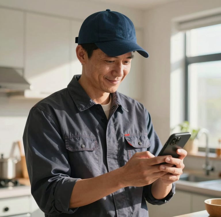 Medium shot of a relieved gig worker in a bright, sunlit kitchen looking at a phone screen with a soft smile, natural daylight, warm environment.