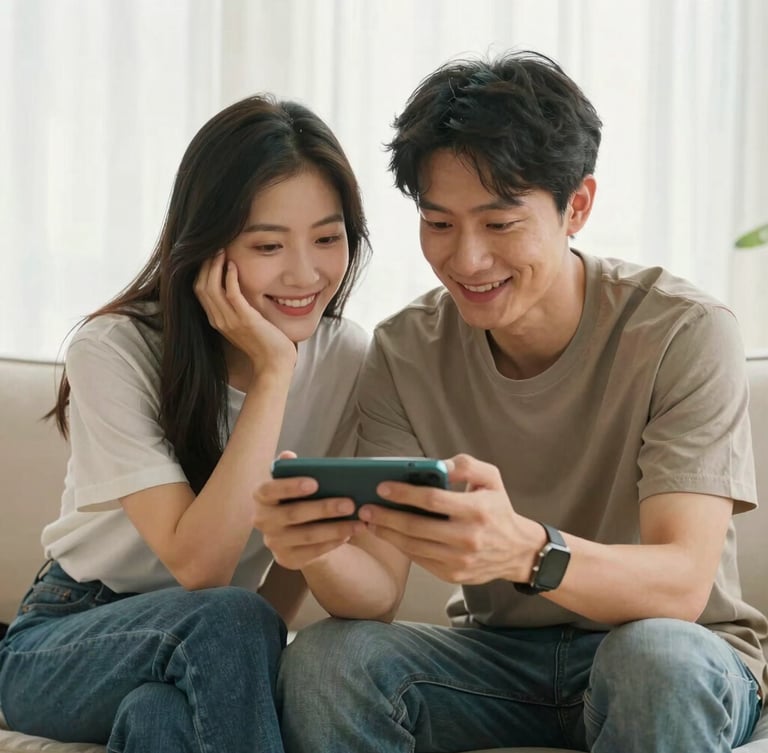 Medium shot, warm natural morning light, a young couple sitting on a bright sofa looking at a smartphone screen with relieved, happy expressions.