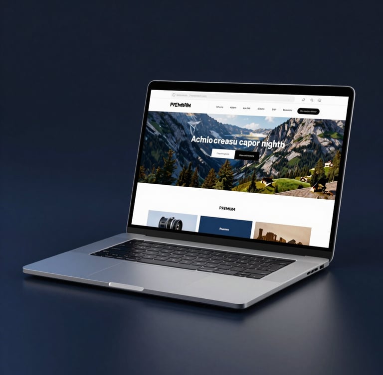 Premium laptop displaying a high-fidelity website mockup in a clean, minimalist dark studio setting with crisp blue light.