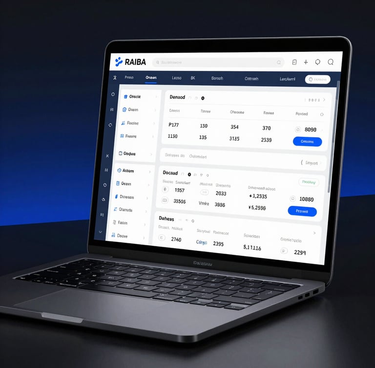 A high-fidelity mockup of a speed-optimized business dashboard displayed on a premium matte black laptop, crisp high-contrast studio lighting, dark background with electric blue accents.