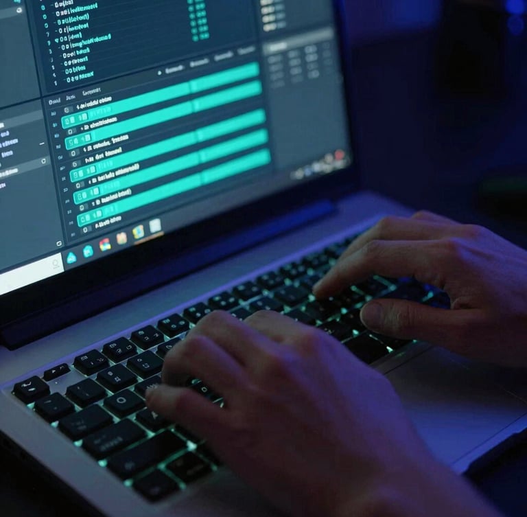Tight macro shot of hands typing on a mechanical keyboard in front of a laptop displaying a node-based automation workflow, vibrant teal backglow, shallow depth of field.