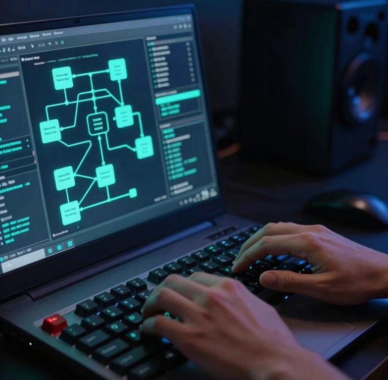 Sleek portrait close-up of hands typing on a mechanical keyboard, a laptop screen showing complex Node-RED automation nodes glowing in neon teal, moody dark studio environment, 35mm