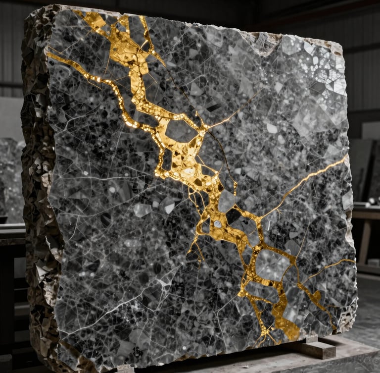Close-up of a raw quartzite slab with dramatic side-lighting, showcasing rich gold and charcoal veins, high contrast, industrial workshop environment
