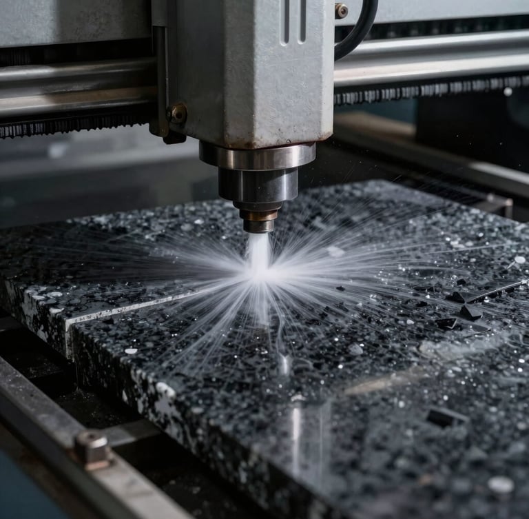 Close-up of a high-precision water-jet cutting machine slicing through a thick slab of dark quartzite, water spraying, sharp focus on the clean cut edge, industrial workshop lighting