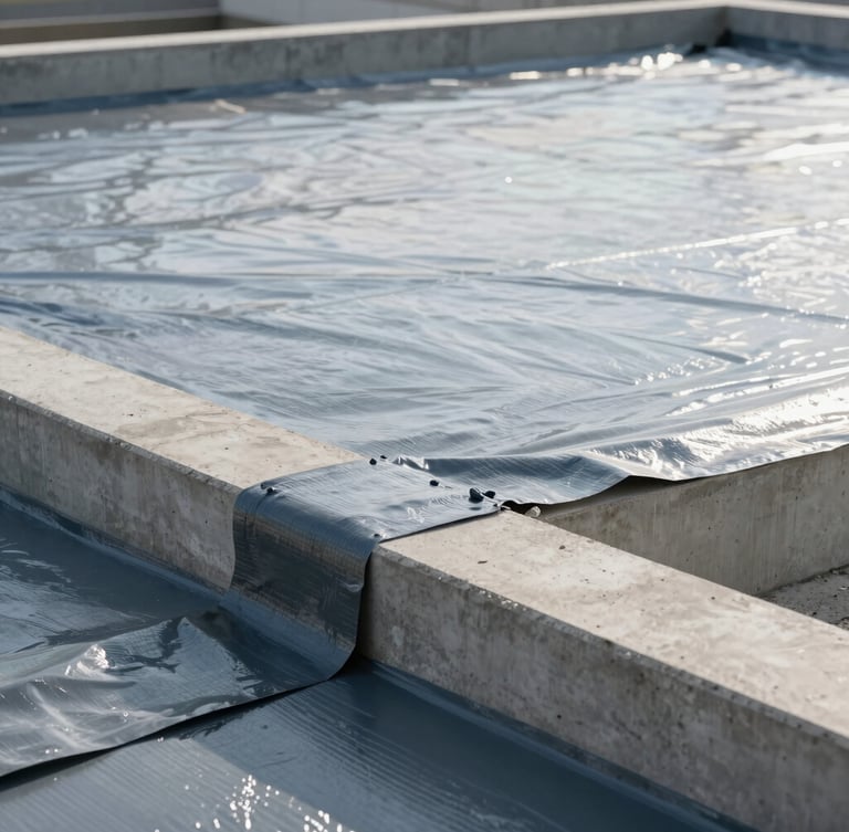 A close-up of a high-performance waterproofing membrane being meticulously applied to a concrete structural joint, crisp morning daylight.