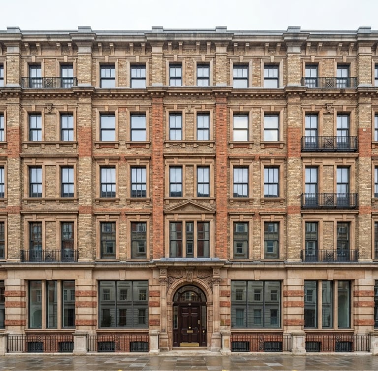 Straight-on architectural angle of a multi-story building facade under bright overcast daylight, showcasing pristine restored masonry work.