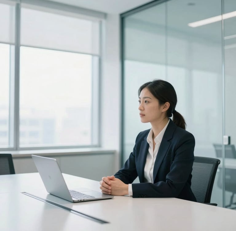 A professional mentor conducting a mock interview in a minimalist glass-walled conference room, bright daylight, sharp focus, cool undertones